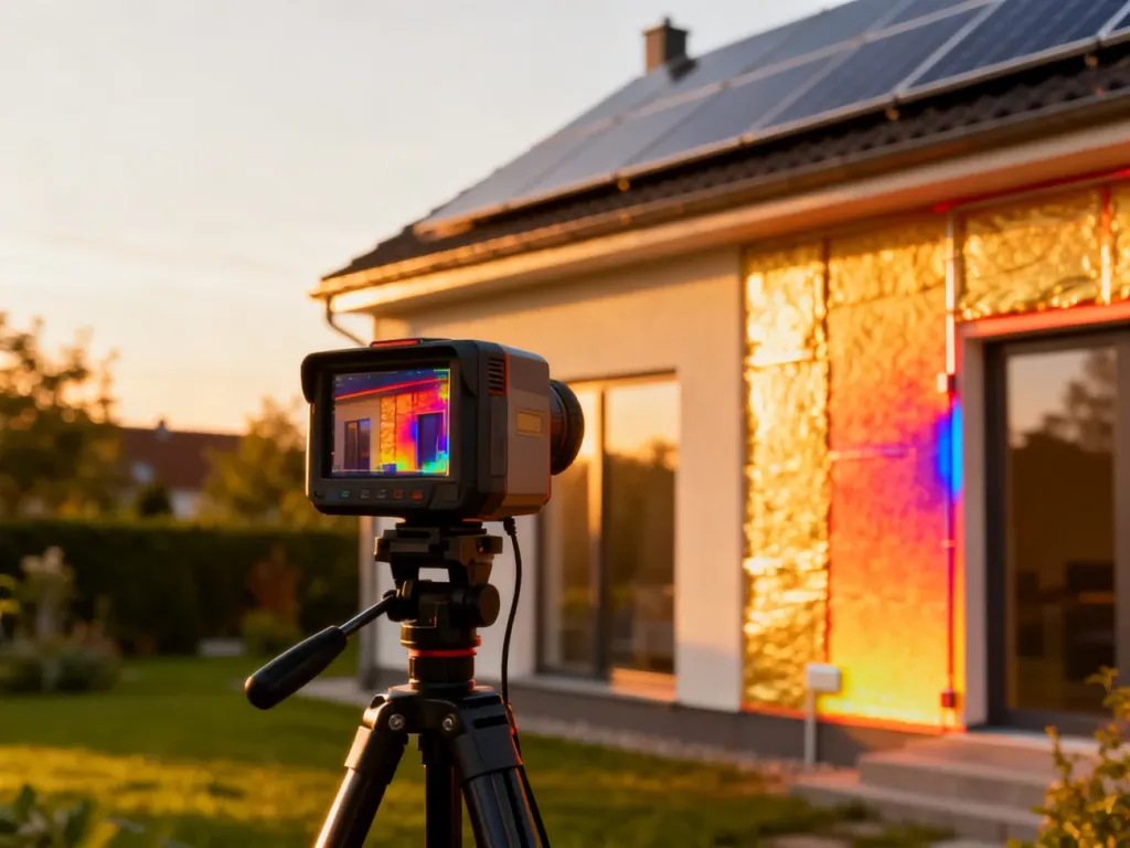 Kamera termowizyjna na statywie skierowana na nowoczesny, energooszczędny dom podczas audytu energetycznego.