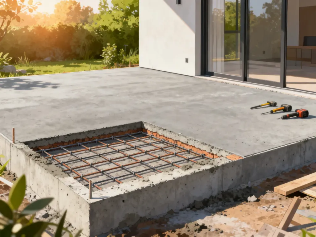 Betonowy taras w trakcie budowy z widoczną warstwą zbrojenia i wykończoną płytą przy nowoczesnym domu.