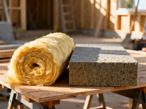 Porównanie wełny mineralnej i płyty styropianowej na betonowej posadzce w piwnicy.