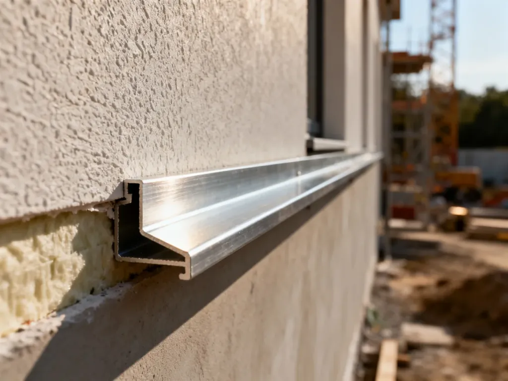 Aluminiowy profil startowy zamontowany na elewacji budynku, zapewniający precyzyjne wykończenie systemu ocieplenia.