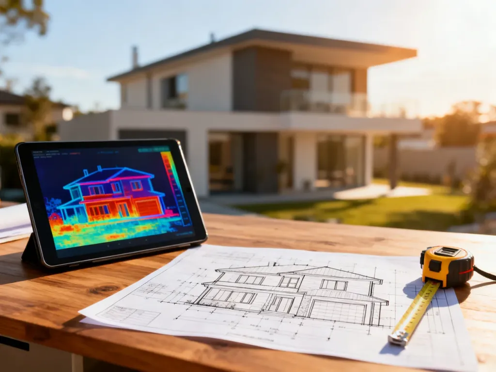 Projekt architektoniczny domu, tablet z wykresami termowizyjnymi i miarka na biurku podczas przygotowań do audytu.