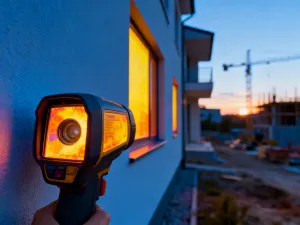 Termowizja narożnika budynku ukazująca mostki termiczne w postaci żółtych i pomarańczowych plam ciepła.