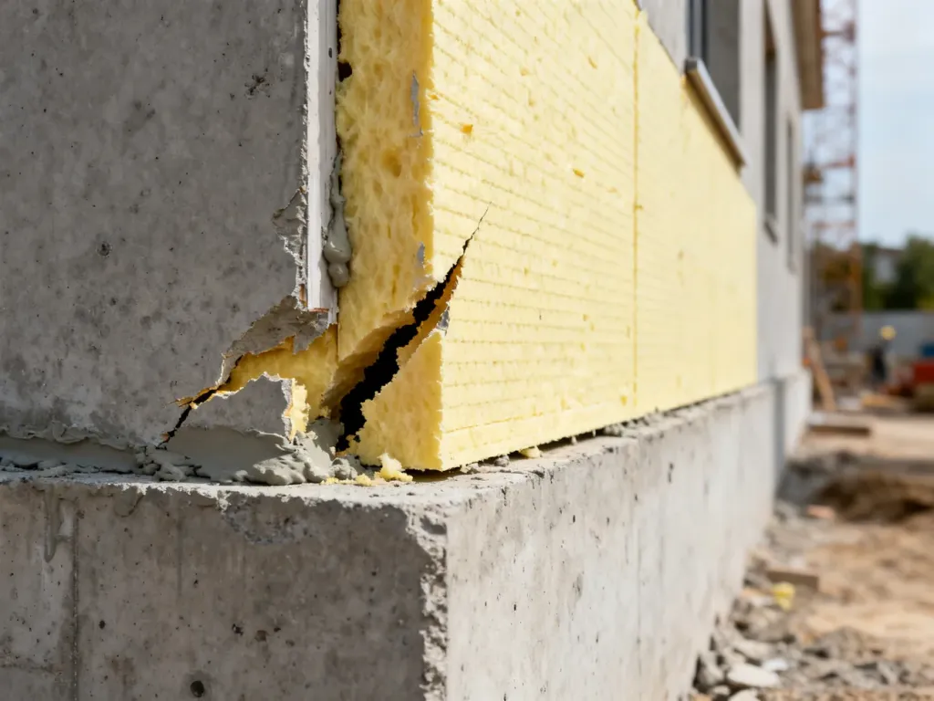Przekrój narożnika budynku ukazujący szczelinę między izolacją a fundamentem spowodowaną błędnym nałożeniem kleju.