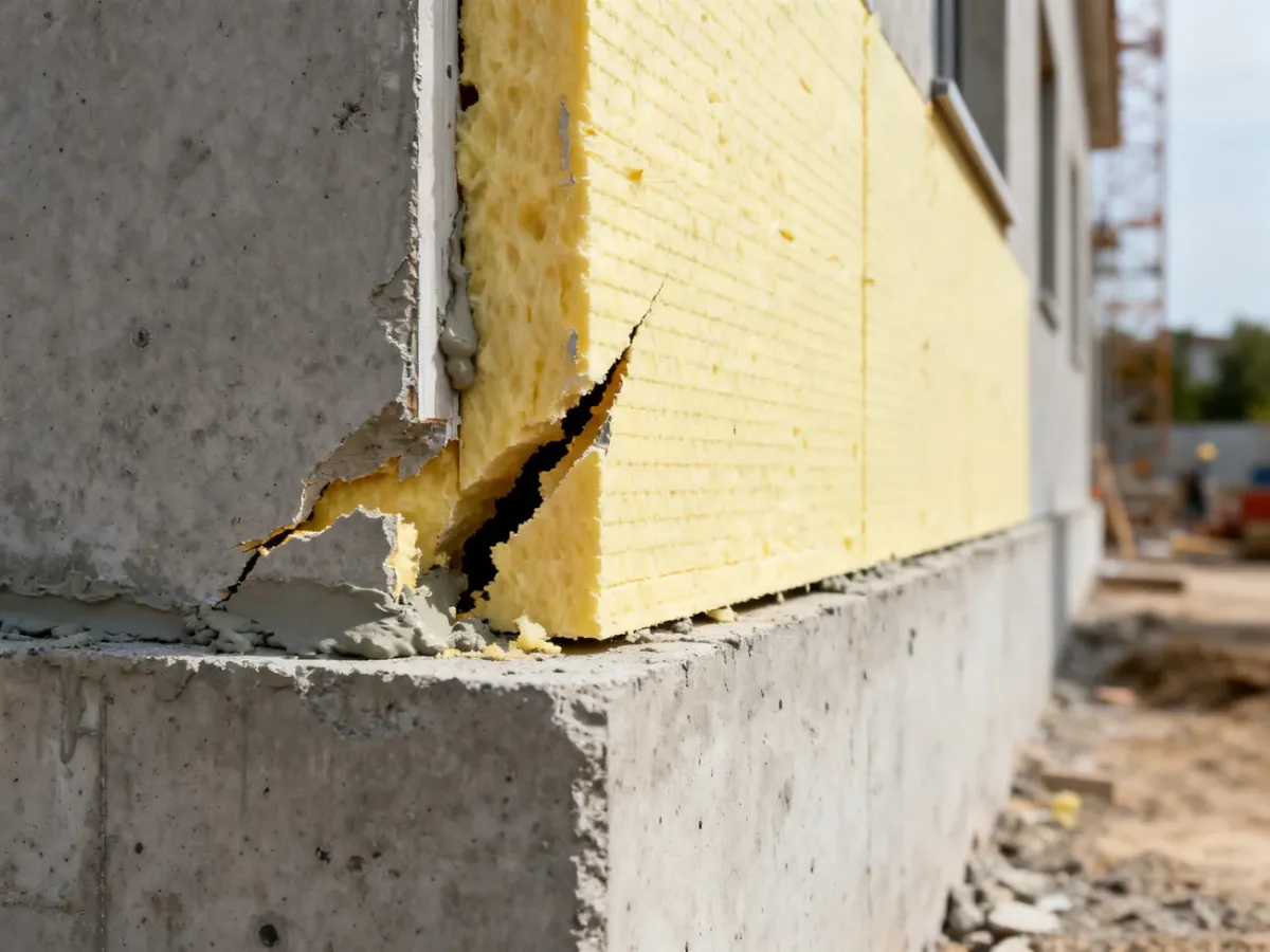 Przekrój narożnika budynku ukazujący szczelinę między izolacją a fundamentem spowodowaną błędnym nałożeniem kleju.