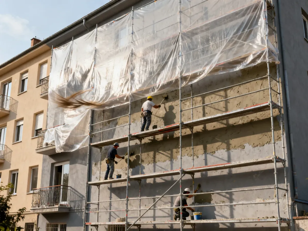 Elewacja osłonięta na rusztowaniu podczas tynkowania