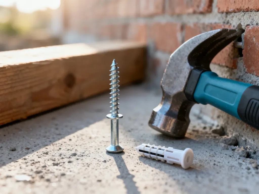 Metalowy kołek wkręcany i plastikowy kołek wbijany na betonowym podłożu, gotowe do montażu w różnych materiałach budowlanych.