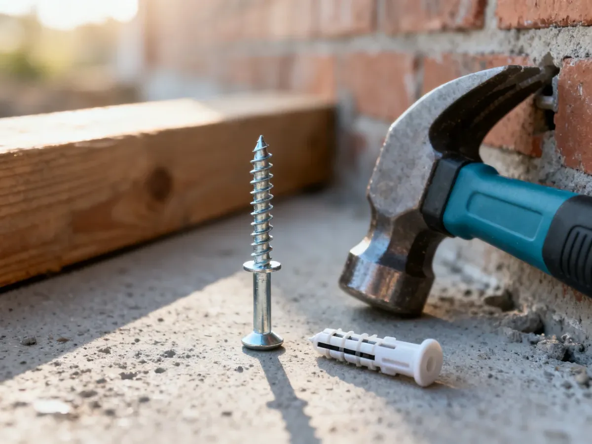 Metalowy kołek wkręcany i plastikowy kołek wbijany na betonowym podłożu, gotowe do montażu w różnych materiałach budowlanych.