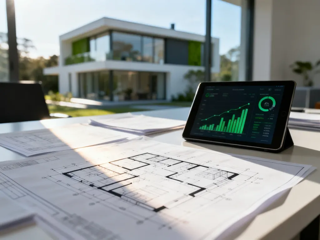 Projekt techniczny budynku i tablet z wykresami zużycia energii na biurku, symbolizujące audyt energetyczny nieruchomości.