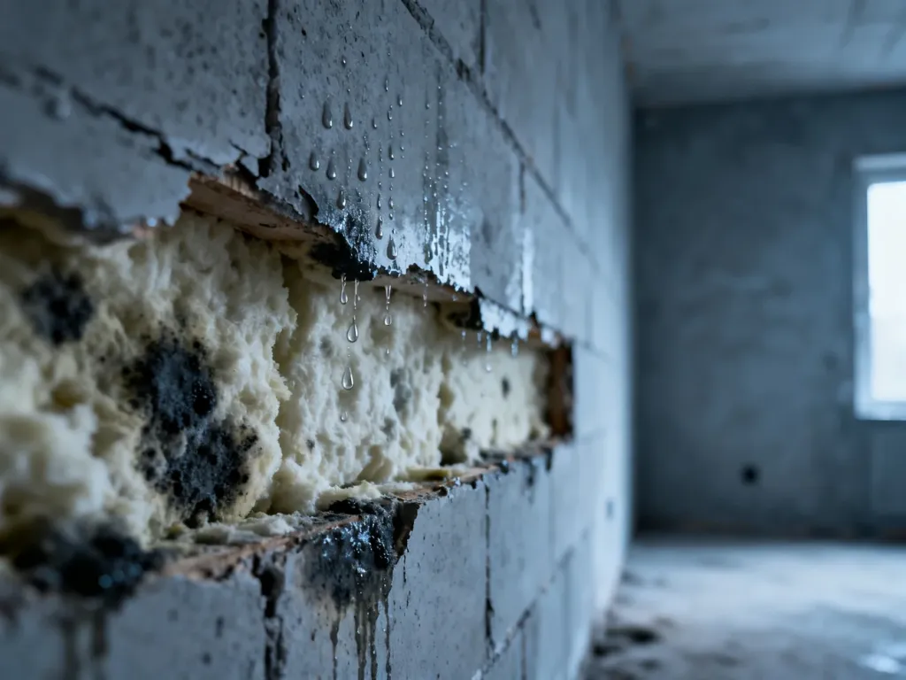 Przekrój ściany z widocznymi zawilgoceniami, pleśnią i kroplami wody, obrazujący skutki kondensacji pary wodnej.