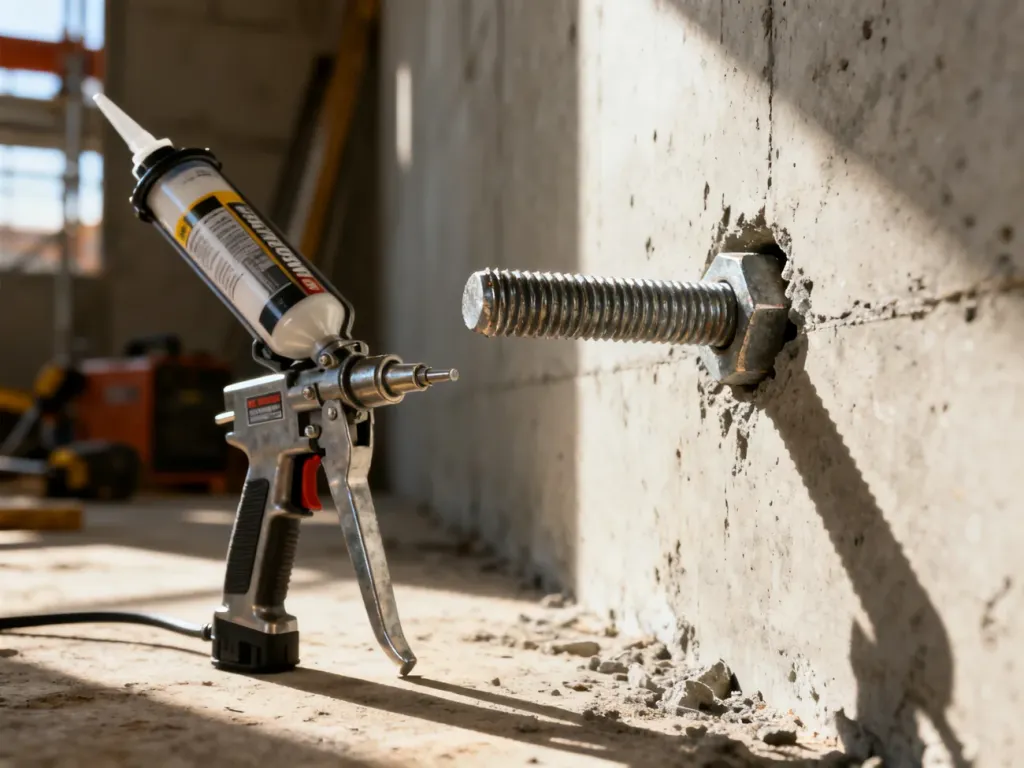 Metalowa kotwa mechaniczna w betonowej ścianie oraz pistolet do aplikacji kotwy chemicznej gotowe do montażu.