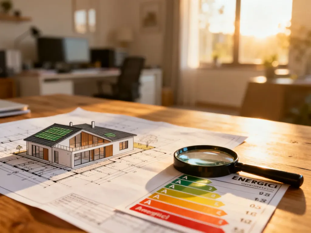 Projekt architektoniczny domu energooszczędnego z lupą na wykresie klas energetycznych od A do G na drewnianym stole.