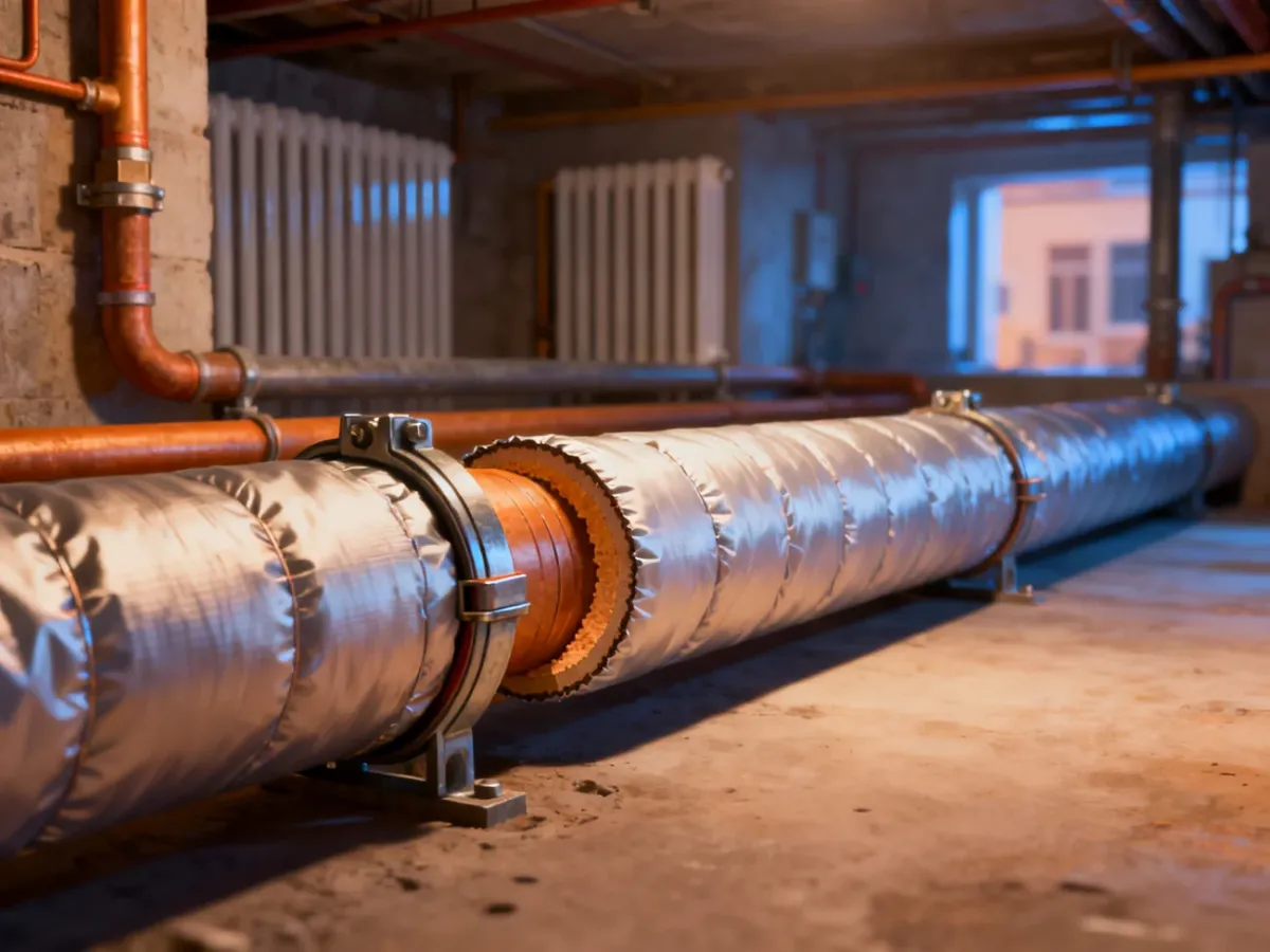 Przekrój i montaż izolacji na rurach instalacji grzewczej