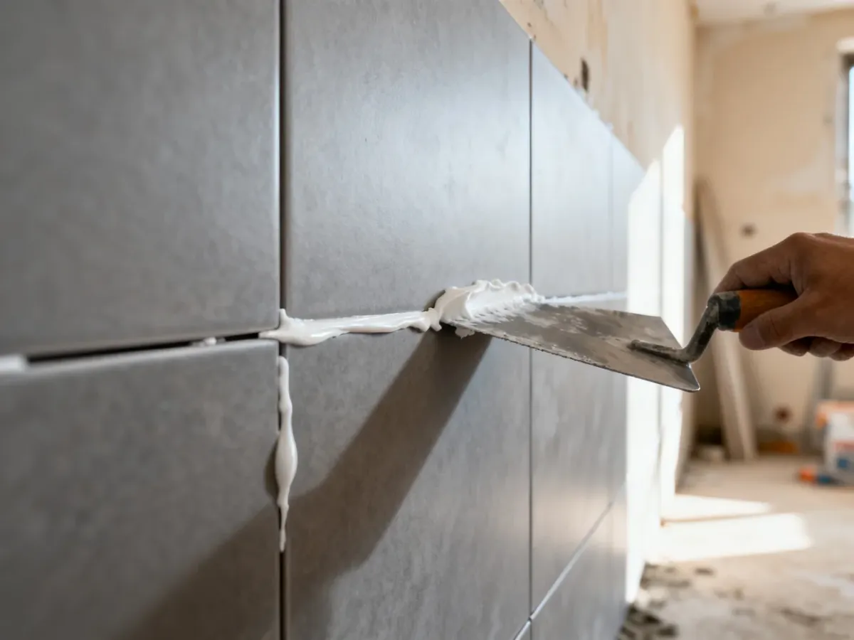 Profesjonalne nakładanie białej fugi między szare płytki ceramiczne za pomocą kielni.
