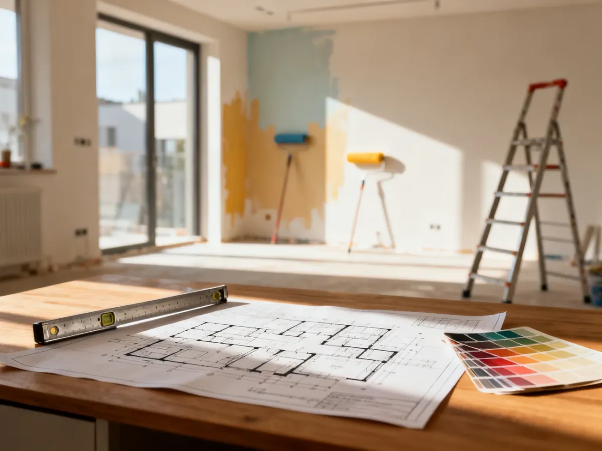 Projekt architektoniczny, miarka i próbnik kolorów na tle remontowanego, nowoczesnego mieszkania.