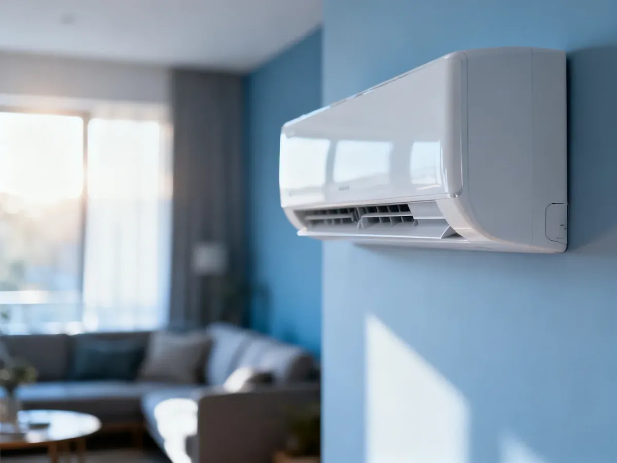 Nowoczesny klimatyzator ścienny zamontowany w minimalistycznym salonie, podkreślający estetykę urządzenia.