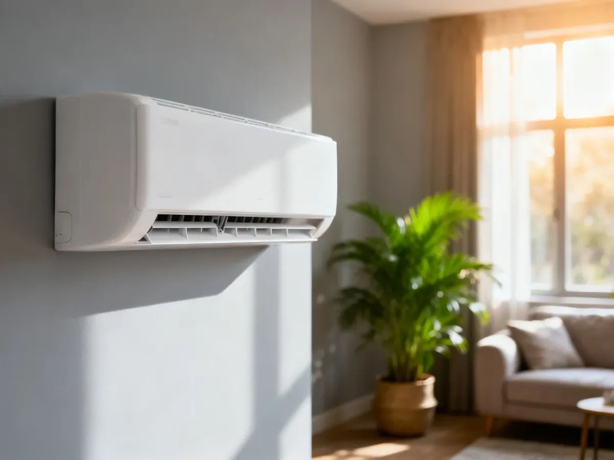 Nowoczesny klimatyzator ścienny zamontowany w jasnym, minimalistycznym salonie, zapewniający komfortową temperaturę.