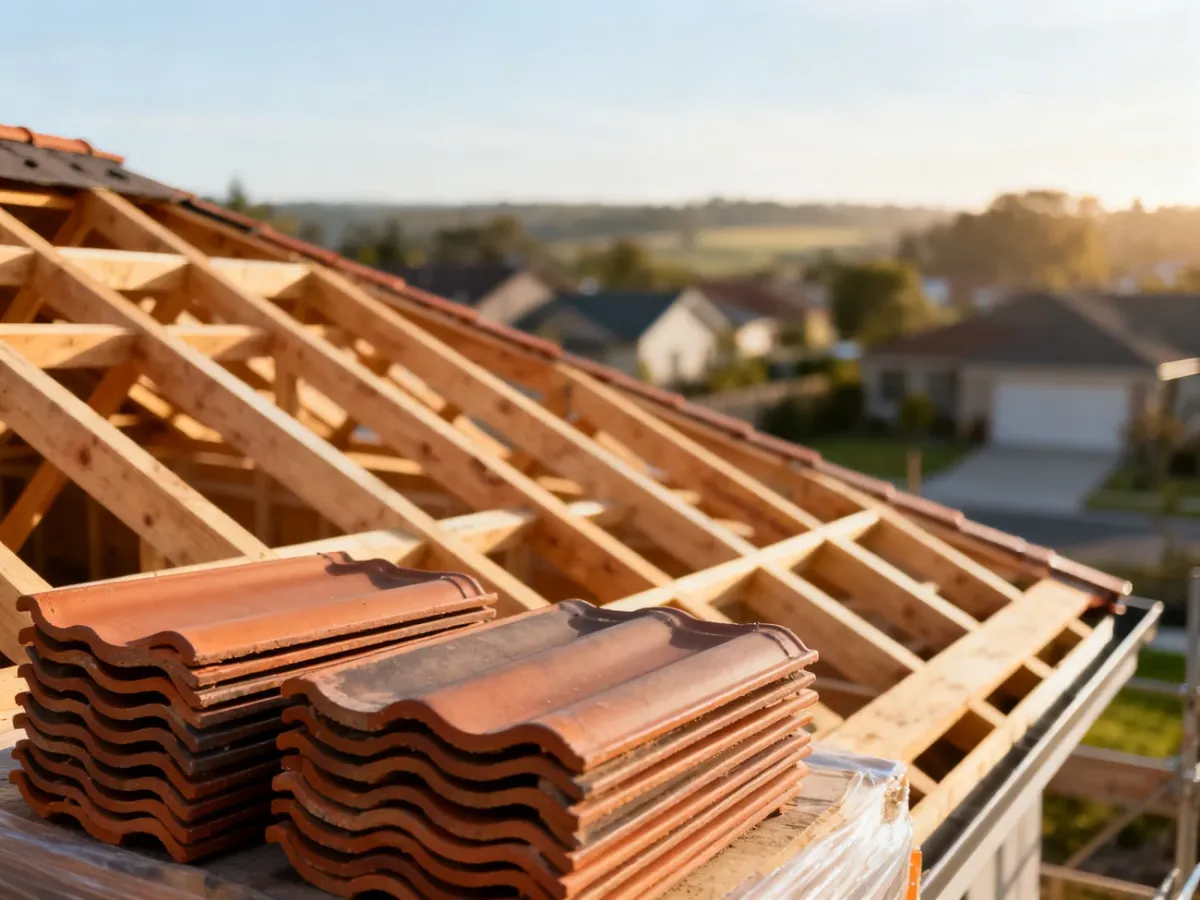 Więźba dachowa i ułożone dachówki ceramiczne na placu budowy nowoczesnego domu.