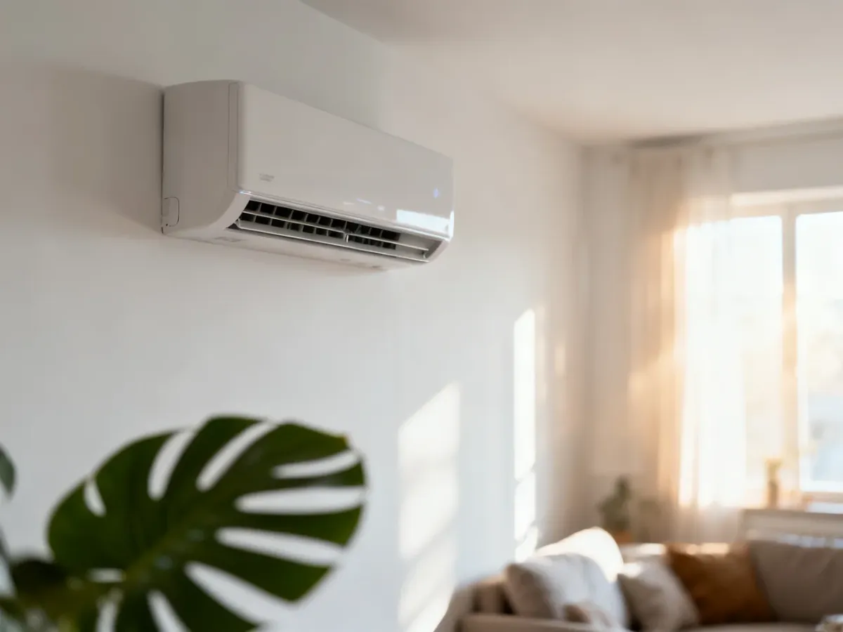 Nowoczesny klimatyzator typu split zamontowany na białej ścianie w jasnym, minimalistycznym salonie.