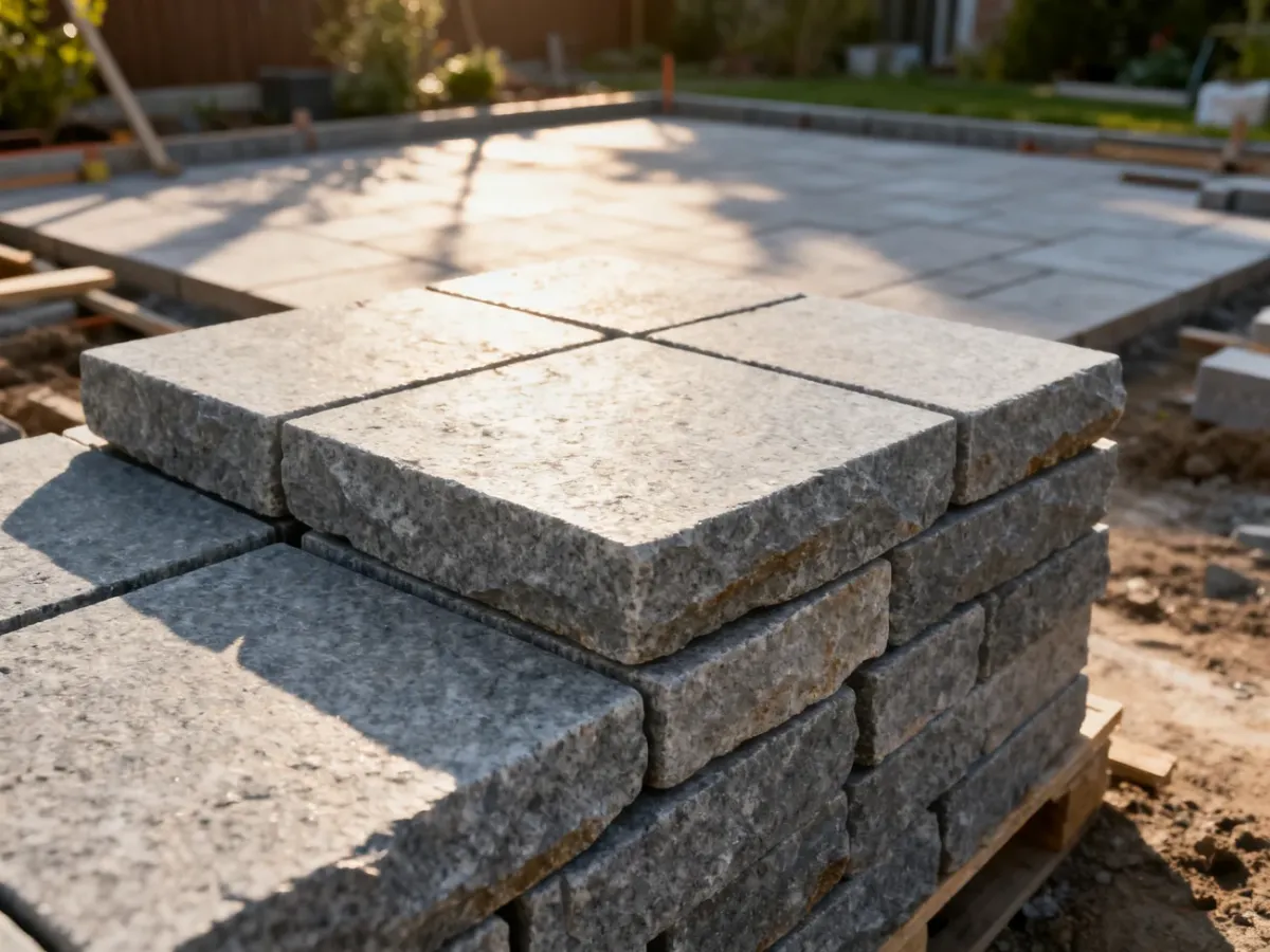 Szare kostki granitowe ułożone na placu budowy. Widok z góry na surową fakturę kamienia przygotowanego do wybrukowania ogrodu.